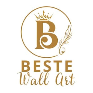 May include: A logo for "BESTE Wall Art" in gold on a white background. The logo features a gold letter "B" inside a gold circle, topped with a crown. A feather design is to the right of the "B". The words "BESTE Wall Art" are below the circle.