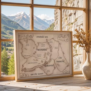 May include: A framed map of Navarre, with the text "Emerald Sea," "Arctic Ocean," and "The Barrens." The map is in a light wood frame, resting on a wooden surface. Two white vases with dried plants are to the right.