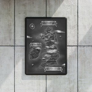 Art mural carte de Prythie - Impression de carte fantastique ACOTAR, affiche du tribunal d'épines et de roses, décoration de carte en noir et blanc pour les fans