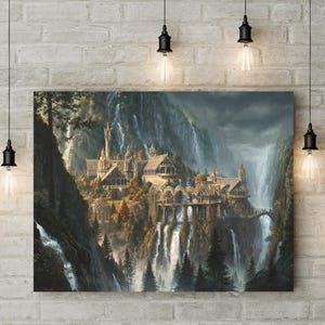 May include: A painting of a fantasy city built into a mountainside with waterfalls cascading down the cliffs. The city is made of stone and wood and has many bridges and towers. The sky is cloudy and the air is misty.