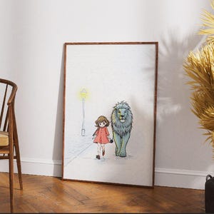 Lion and Girl Lamppost Print: Whimsical Nursery Art (Digital Download)