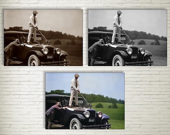 Vintage golfer op autoprint: sportkunst uit de jaren 1920 (digitale download)