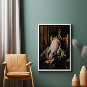 May include: A framed portrait of a man with a long white beard and a crown sitting on a throne. The man is wearing a green robe and has a serious expression on his face.