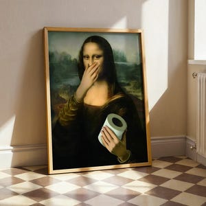 Póster divertido de Mona Lisa para baño - Póster vintage de meme para decorar el baño - Descarga digital