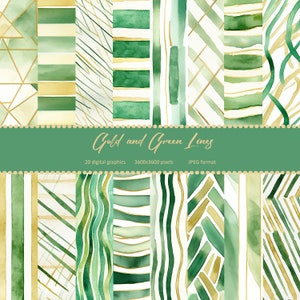 Watercolor green and gold lines digital images, green and gold scrapbooking, green and gold craft paper, instant download