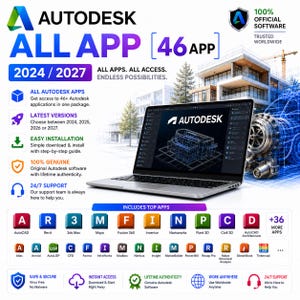 May include: A silver laptop displaying the Autodesk logo and a 3D wireframe model on its screen. The image features text including Autodesk All App 46 App 2024/2027, 100% Official Software, and icons for various software applications like AutoCAD and Revit.