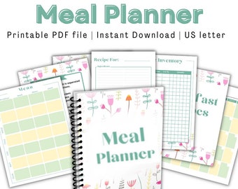 Puede incluir: Un planificador de comidas imprimible con un diseño floral. El planificador tiene 57 páginas e incluye secciones para un menú, recetas, inventario y recetas rápidas.