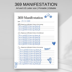 Digital 369 Manifestation Journal Insert | Printable PDF for Law of Attraction | LOA Planner | Manifestation Techniques Gratitude | Daily