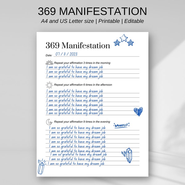 Digital 369 Manifestation Journal Insert | Printable PDF for Law of Attraction | LOA Planner | Manifestation Techniques Gratitude | Daily