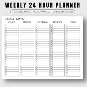 24 Stunden Wochenplan Printable PDF | 5 Tage Wochenplaner im Überblick | Stündliche Wochenagenda | Schreibtisch Planer | Digitaler Download | Kalender