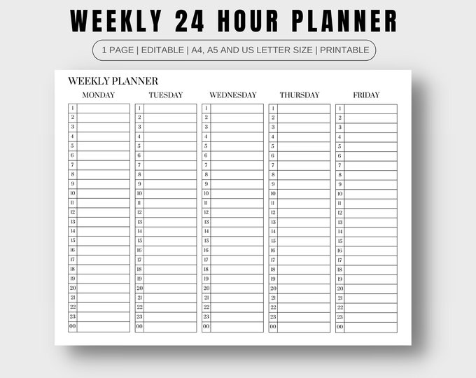 Editable Weekly Hourly Planner | Printable Weekly Schedule | Weekly ...