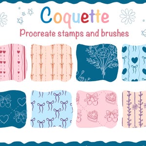 May include: A digital art graphic with the word "Coquette" in colourful letters, and the text "Procreate stamps and brushes" below. The image displays eight patterned designs, including hearts, bows, and floral motifs, in shades of pink, blue, and peach.