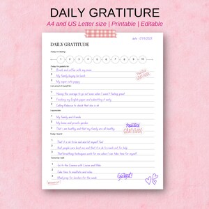 Gratitud diaria digital / Planificador de reflexiones / Diario de gratitud / PDF imprimible / A4 y carta de EE. UU. / PDF editable / Descarga instantánea