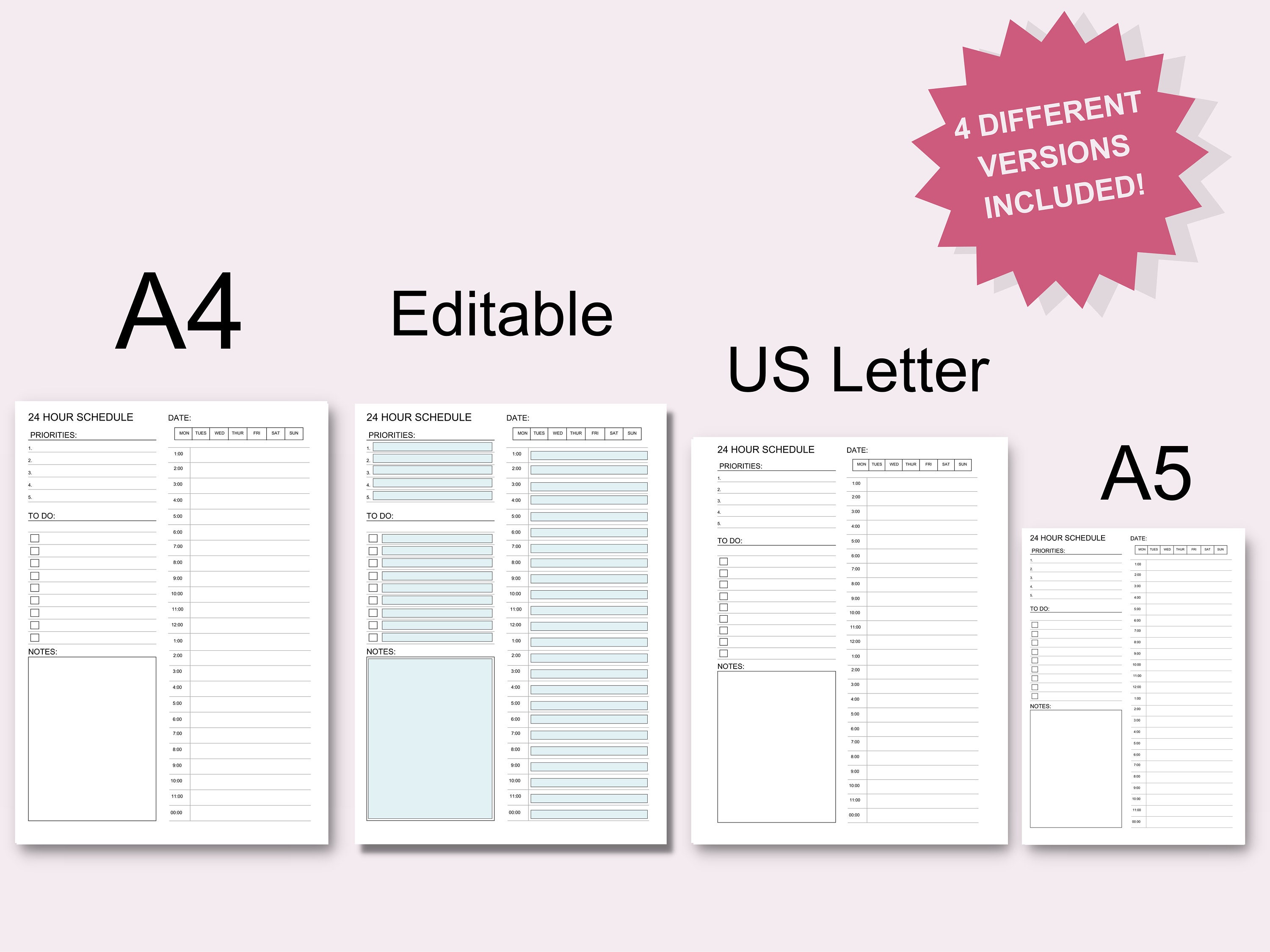 24 Hour Daily Planner Printable Editable PDF A4 A5 US - Etsy
