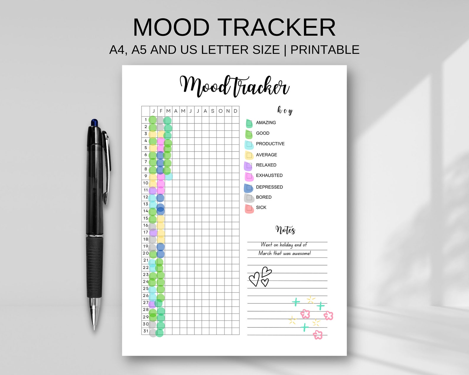 Image showcasing Digital Mood Tracker PDF | Printable Yearly Mood in Pixels | Feelings ...