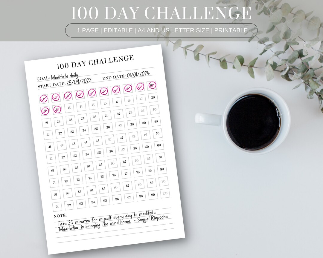 100 Day Challenge Tracker Printable Goal Progress PDF A4 - Etsy Australia