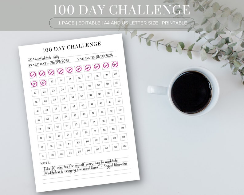 100 Day Challenge Tracker Printable Goal Progress PDF A4 - Etsy Australia