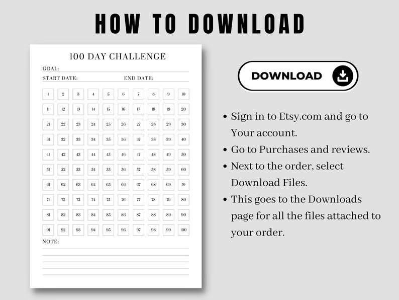 100 Day Challenge Tracker Printable | Goal Progress PDF | A4 Letter ...