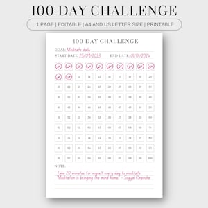 100 Day Challenge Tracker Printable | Habit and Goal Setting PDF | Track Progress Over 100 Days | Habit Forming Planner | Goal Progress