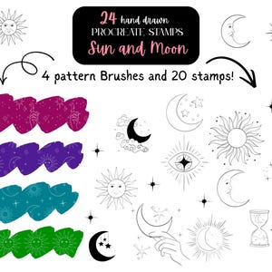 May include: Digital art set featuring sun and moon designs. Includes 24 hand-drawn Procreate stamps, 4 pattern brushes, and 20 stamps. The image showcases various celestial illustrations in black and white, with colorful brush strokes.