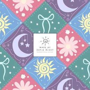 Handritat himmelskt blommigt lapptäcke sömlöst mönster (digitalt papper)