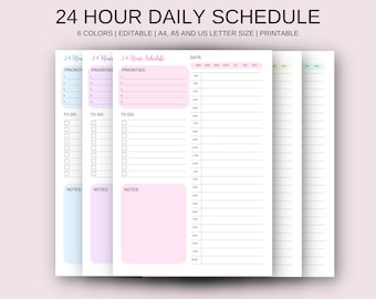 May include: Printable 24-hour daily schedule planner with six different color options. The planner includes sections for priorities, to-do lists, and notes. The planner is available in A4, A5, and US letter sizes.