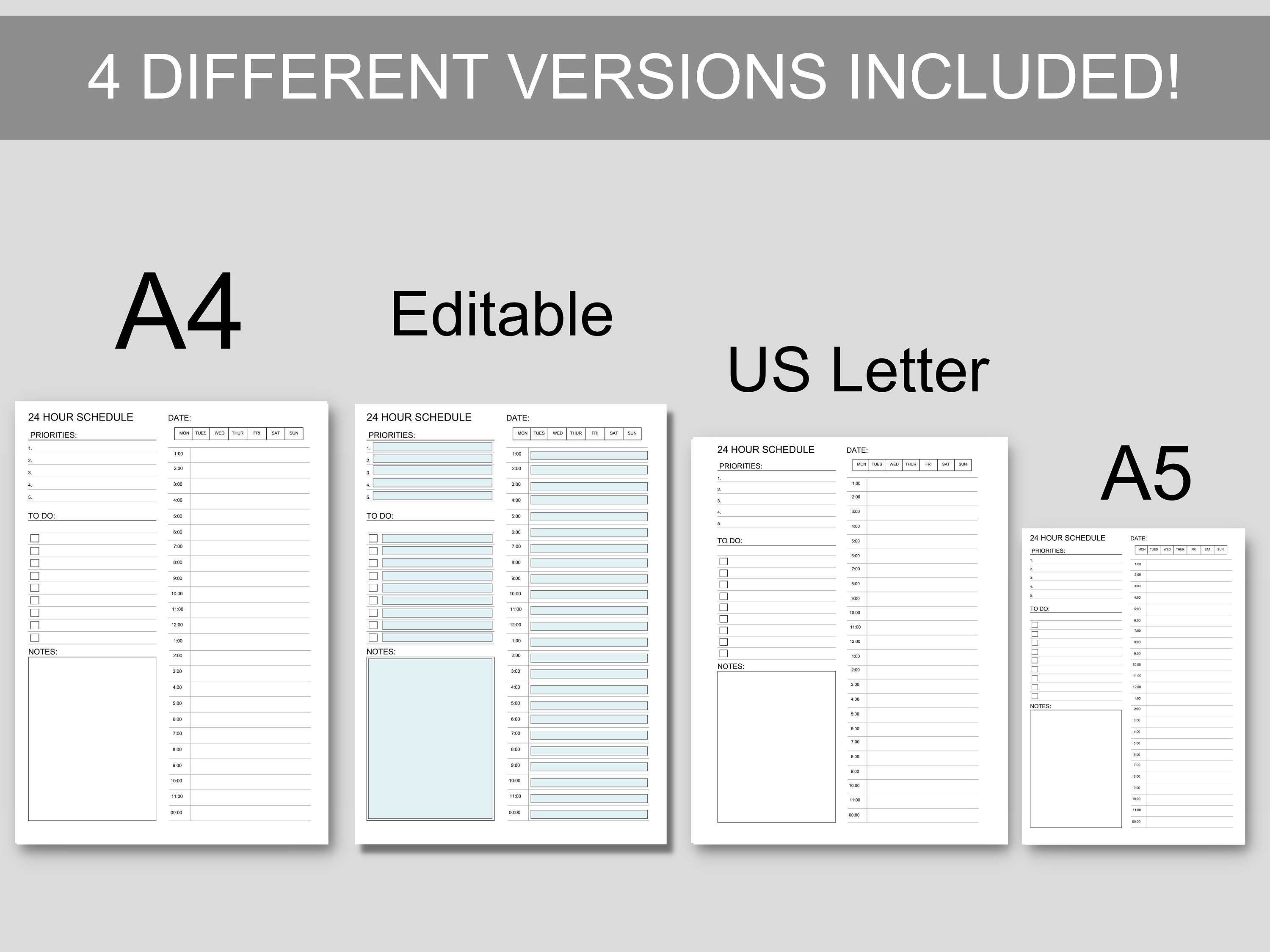 24 Hour Daily Planner Printable | Editable PDF | A4, A5, US Letter ...