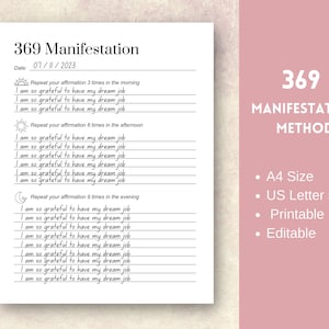 Digital 369 Manifestation Journal Insert | Printable PDF for Law of Attraction | LOA Planner | Manifestation Techniques Gratitude | Daily
