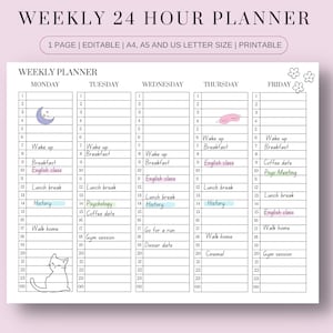 24 Stunden Wochenplan Printable PDF | 5 Tage Wochenplaner im Überblick | Stündliche Wochenagenda | Schreibtisch Planer | Digitaler Download | Kalender