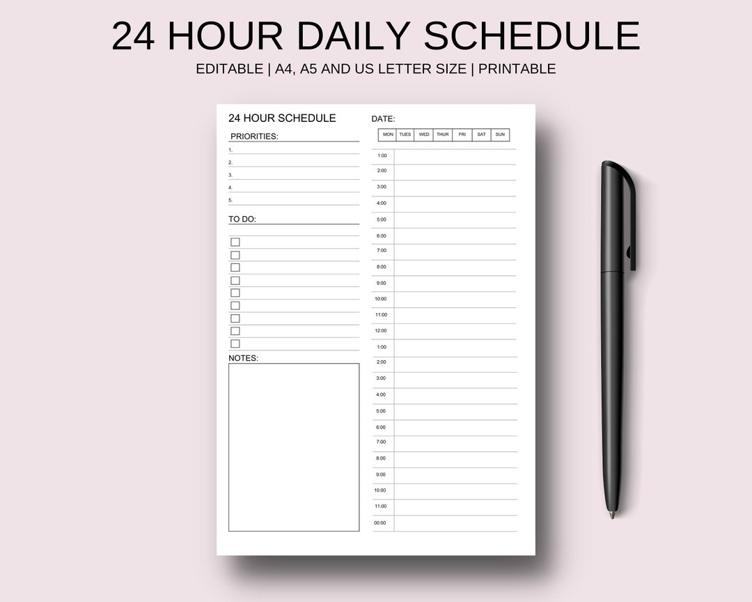 24 Hour Daily Schedule Printable | Hourly Planner (editable PDF) - Etsy
