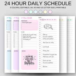 24 Hour Daily Planner Printable | 6 Colors | PDF Download | Hourly Time Blocking | Productivity Planner | Daily To-Do List | Day Schedule