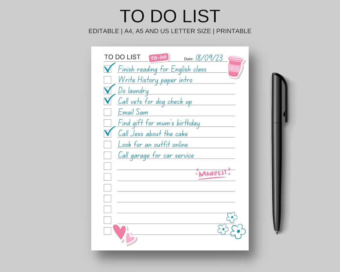 Minimal To-do List Printable PDF A4, A5, Editable, US Letter Digital ...