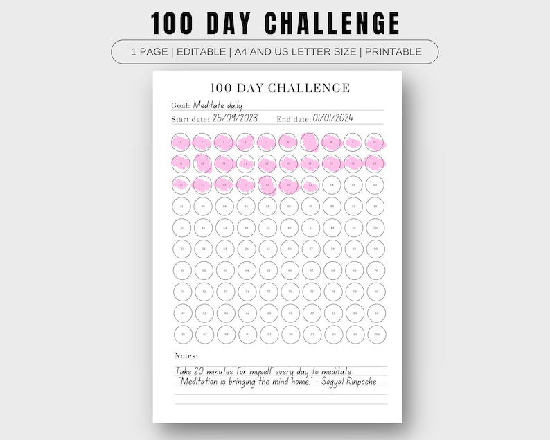 100 Day Challenge Tracker | Printable | Editable PDF | Digital Download ...