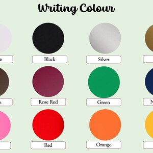 May include: A chart showing 12 different colors of writing ink, including white, black, silver, gold, brown, rose red, green, navy blue, pink, red, orange, and yellow.