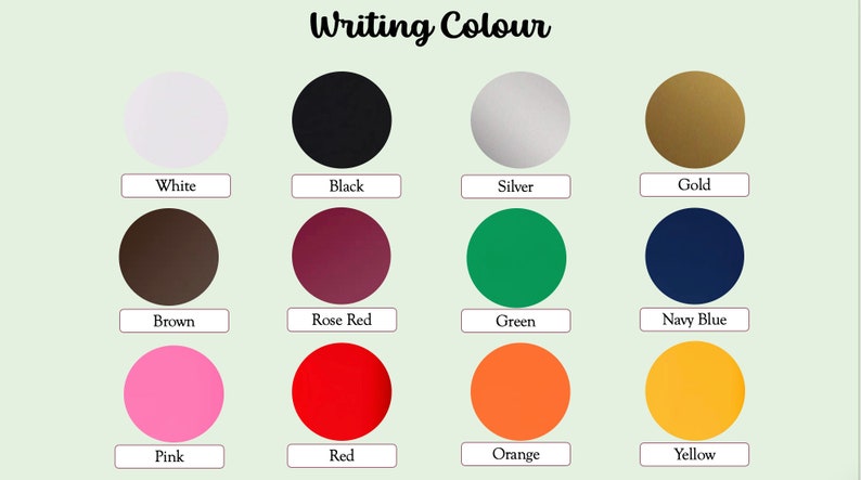 May include: A chart showing 12 different colors of writing ink, including white, black, silver, gold, brown, rose red, green, navy blue, pink, red, orange, and yellow.