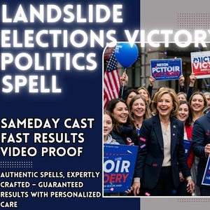 May include: Image with text: "LANDSLIDE ELECTIONS VICTORY POLITICS SPELL SAMEDAY CAST FAST RESULTS VIDEO PROOF AUTHENTIC SPELLS, EXPERTLY CRAFTED - GUARANTEED RESULTS WITH PERSONALIZED CARE." A group of people are smiling and holding signs and a balloon.