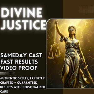 May include: An image featuring the words "DIVINE JUSTICE" in white, and an illustration of Lady Justice with scales and a sword. The text "SAMEDAY CAST FAST RESULTS VIDEO PROOF" is also visible, along with further text about spells and results.