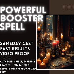 Puede incluir: Imagen con texto que dice "POWERFUL BOOSTER SPELL". La imagen muestra velas encendidas de varios tamaños y colores, cartas del tarot y otros objetos místicos. El texto también dice "SAMEDAY CAST, FAST RESULTS, VIDEO PROOF".