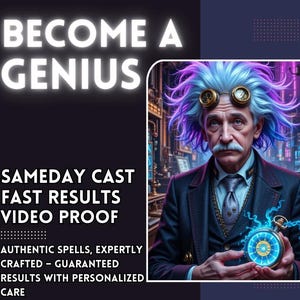 May include: An image with the text "BECOME A GENIUS" and "SAMEDAY CAST FAST RESULTS VIDEO PROOF". It features a portrait of a man with blue and purple hair, goggles, and a pocket watch with blue energy.