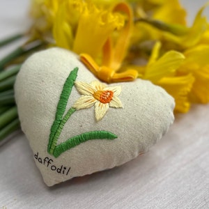 Hand embroidered decorative hanging heart, daffodil, spring decor or Mother’s Day gift