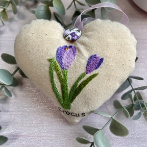 Hand embroidered decorative hanging heart, Crocus, spring decor or Mother’s Day gift