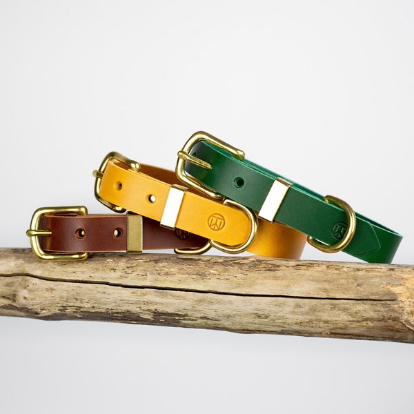 Leather Dog Collar | Bright Hues Dog Collars - Sunny Yellow, Forest Green, Light Brown | Customized Collar for Small and Large Breeds