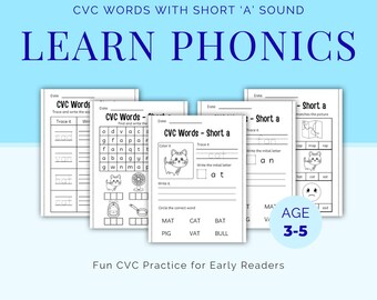 Folhas de exercícios com a vogal curta CVC A | Atividades de fonética para imprimir para pré-escola e jardim de infância | Prática de leitura e alfabetização inicial (PDF)