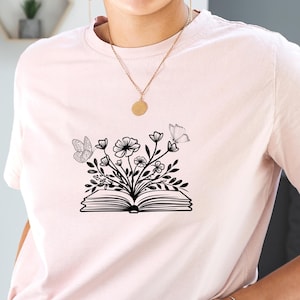 Camiseta para amantes de los libros: Gráfico de flor de libro en flor - Camiseta unisex de algodón