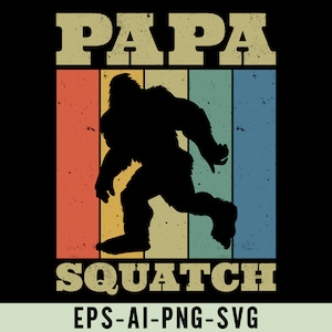 Può includere: Silhouette nera di un Bigfoot che corre, su uno sfondo retrò con strisce verticali arancioni, gialle, verde acqua e blu. Le parole "PAPA" e "SQUATCH" sono in un font vintage.