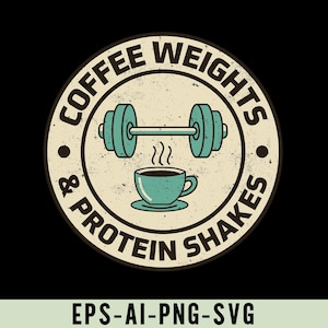Può includere: Un grafico rotondo in stile vintage con il testo "Coffee Weights & Protein Shakes". Il design presenta un bilanciere turchese sopra una tazza di caffè turchese con vapore. Lo sfondo è beige con accenti neri.
