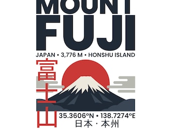 富士山（日本）PNG SVG、レトロな旅行土産シャツのデザイン、本州座標アート