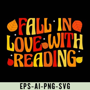 Puede incluir: Gráfico de "Enamorarse de la lectura" con texto naranja, amarillo y rojo y hojas de otoño.