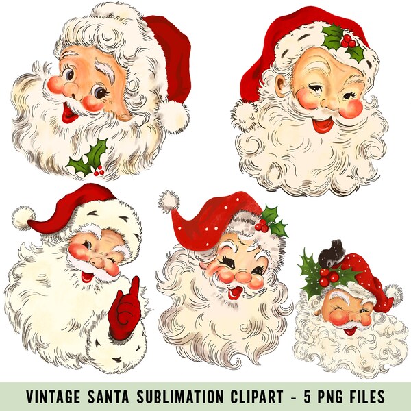 Vintage Santa Sublimation Clipart Set - 5 Retro Christmas PNG Files for DIY Projects