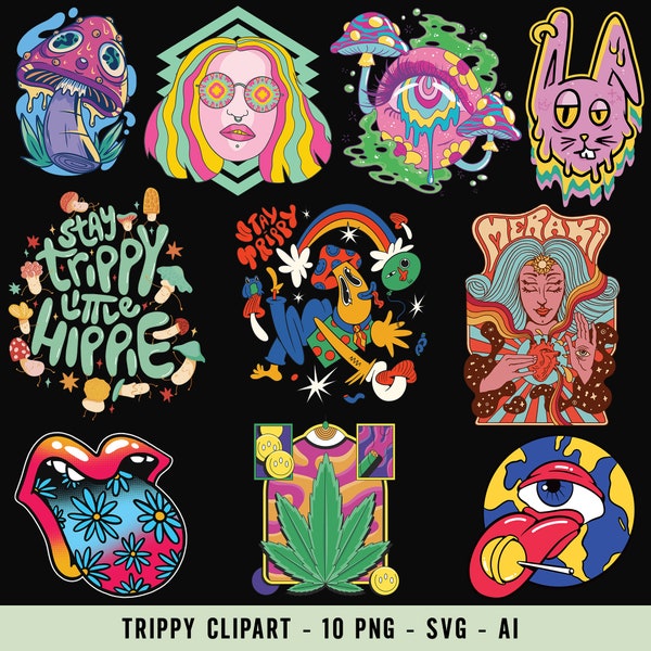Trippy Clipart Bundle: 10 Psychedelic Artworks in SVG, AI, and PNG Formats